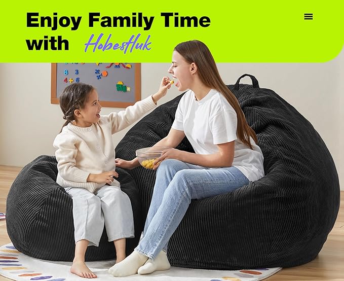 Hobestluk 4.5FT Bean Bag Chair Giant Bean Bag Chair with Filler Included Adult Bean Bag Chairs with Removable Cover for Bedroom Living Room - (Jumbo, Black)