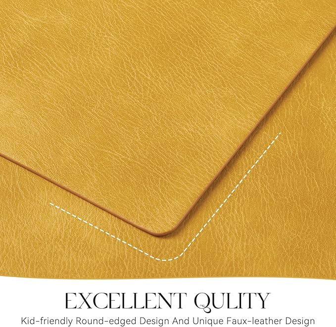 MOSAYT Vinyl Placemats Set of 8-12 X 17 Inch - Faux Leather 100% Waterproof Oil-Proof Wipeable PU Place Mats, Heat Resistant Reversible Table Mats for Kitchen, Dining, Outdoor (Yellow)