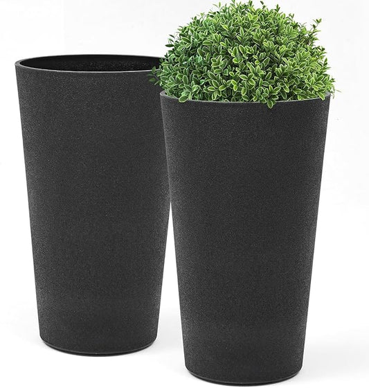 24" Tall Planters for Outdoor Plants, Set of 2 Heavy-Duty Resin Flower Pots, Matte Black Leather Grain Finish, Durable & Weather-Resistant, Ideal for Garden, Patio, Yard, Porch, or Home Use