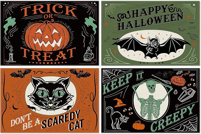 4Pcs Halloween Placemats Pumpkin Bat Black Cat Skeleton Table Mat Vintage Decorative Place Mats for Party Table Setting Decor, 12 x 18 Inch