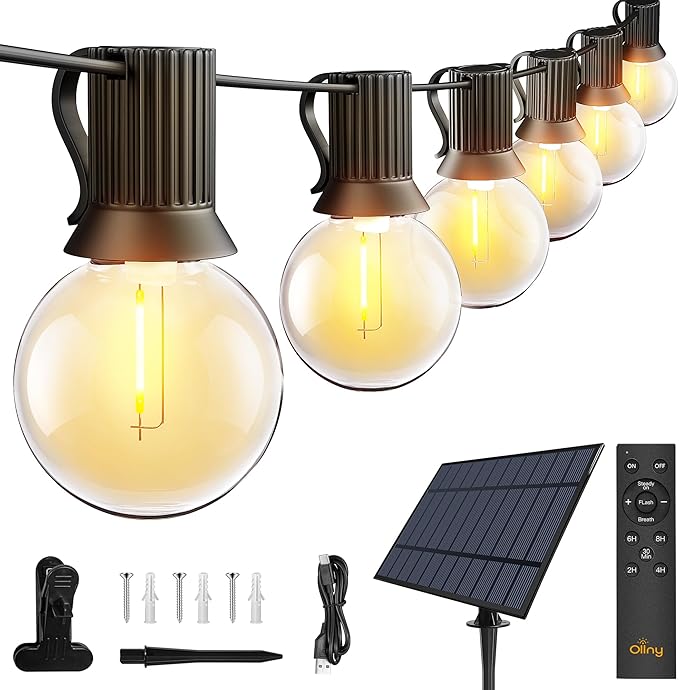 Ollny 60FT Solar Lights Outdoor, Waterproof Remote Control Dimmable Timers 3Modes String Light with 25 LED + 2 Spare Shatterproof Bulb, G40 Patio Lights for Outside Garden Yard Fence Porch