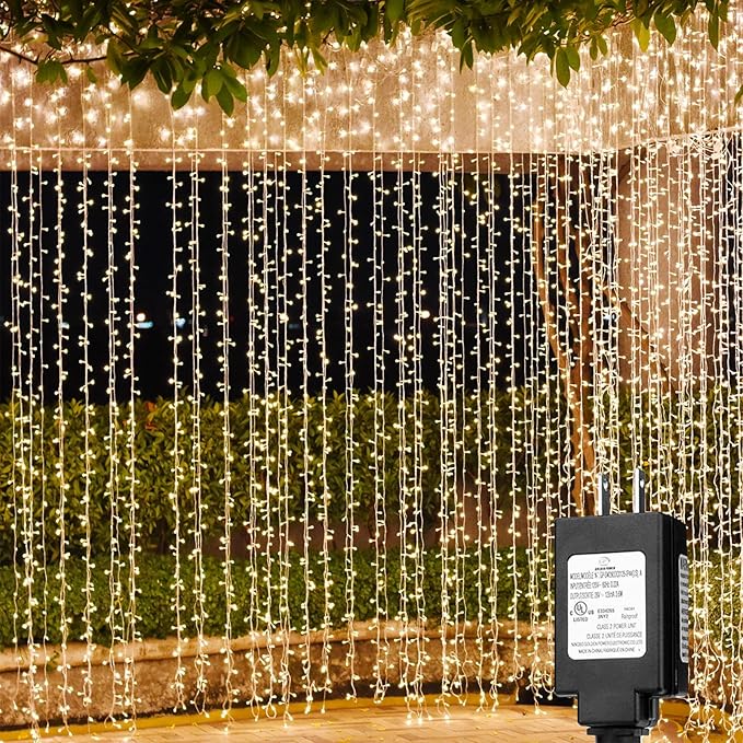 Solhice LED Curtain Lights Outdoor 20ft x10ft, 600 LED Plug in Hanging String Lights Indoor, Twinkle Light Backdrop for Outside Backyard Wedding Bedroom Decor, Warm White (Not Connectable)