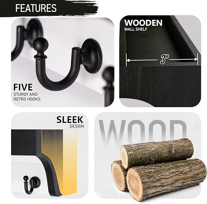 Rebee Vision Key Holder Wall Mount with Shelf - Decorative 2-Color Key Rack with 5 Rustic Key Hooks and Primitive Wood Mail Organizer Wall Mount - Modern Farmhouse Entryway Decor (Black & White)