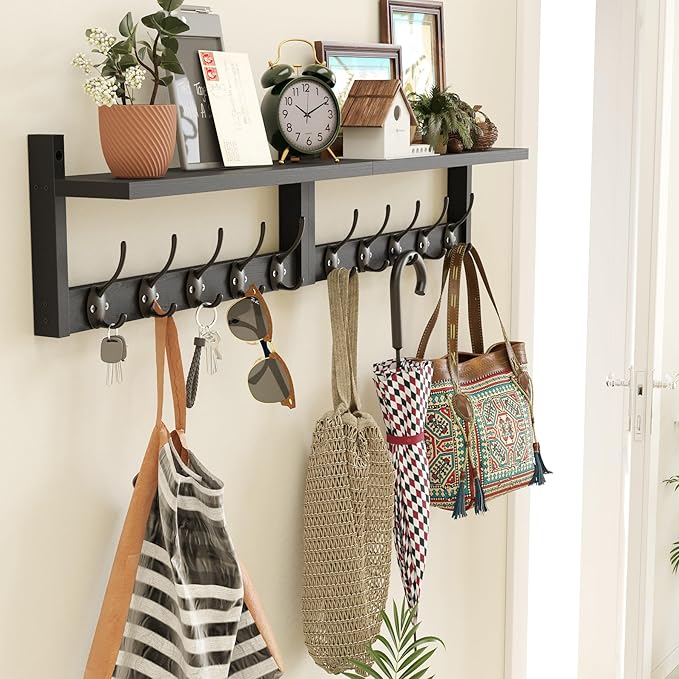 AMBIRD 34.2" Extra Long Wooden Wall Hook Rack with Shelf - Versatile and Decorative Wall-Mounted Storage with 10 Hooks for Coats, Hats, Keys, Scarves - Ideal for Entryways, Bedrooms, Closets (Black)