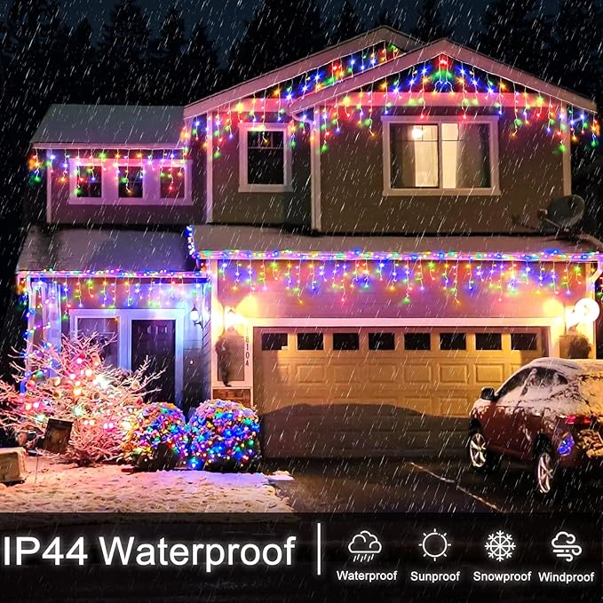 Icicle Christmas Lights Outdoor - 66ft 640 LED Icicle Lights for Outside with 120 Drops, Waterproof Plug in Christmas Light with Timer for Party, Holiday, Wedding, Christmas Decoration, Multicolor