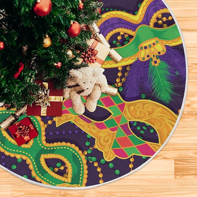 Mardi Gras Colorful Mask Tree Skirt, Seasonal Tree Mat Holiday Party Supplies Ornaments Indoor Outdoor Decorations for Tabletop Trees 47.2 Inches
