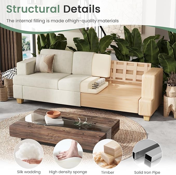 2 Piece Set Comfy Sofa Couch, 2 3-Seater Sofa with Deep Seats, Modern Sleeper Couch for Living Room, Beige Chenille