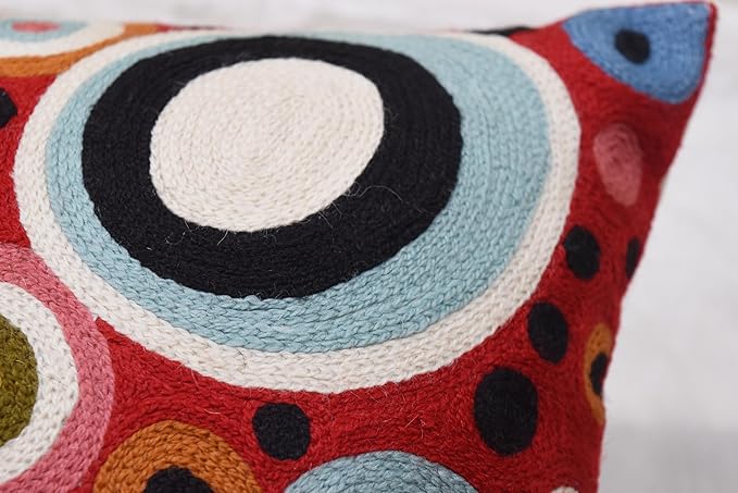 Lumbar Red Polka Dots Decorative Pillow Cover Contemporary Pillowcase Farmhouse Chair Cushion Modern Outdoor Pillowsham Couch Cushion Hand Embroidered Wool Size - 14x20