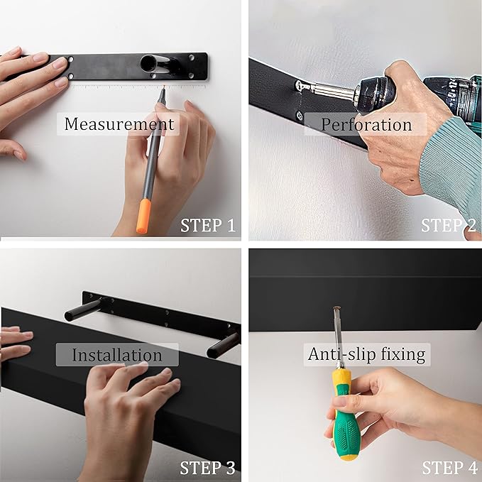 BAMEOS Floating Shelves, Black Wall Mounted Wooden Shelves with Invisible Brackets Set of 2, Hanging Wall Shelves Decoration for Bedroom, Bathroom, Living Room and Kitchen