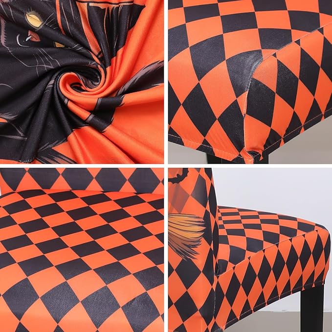JQinHome Orange Halloween Chair Slipcover,Cat Chair Covers Set of 6, High Stretch Washable Chair Protector Cover for Dining Room, Kitchen,Home Party,Wedding Ceremony(Cat Orange,6PC)