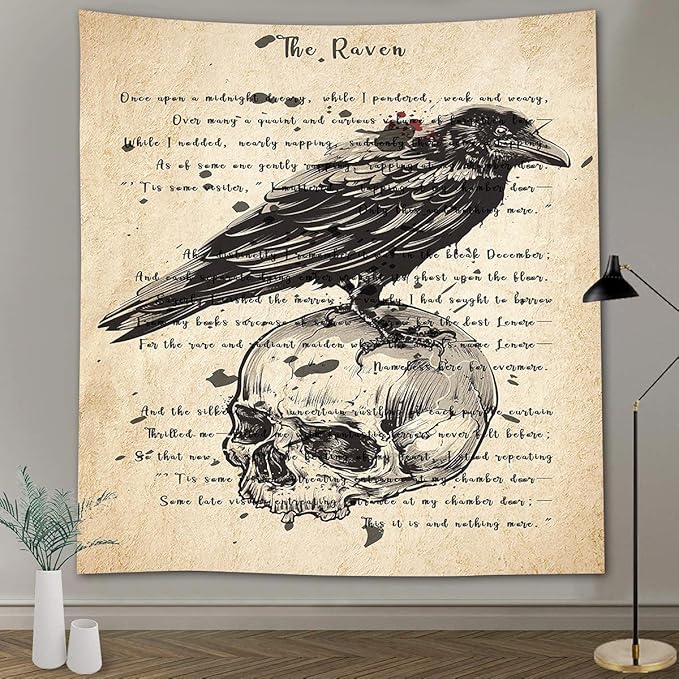 Tapestry Wall Hanging Ancient Raven Hymn Wall Decor for Gothic Rustic Home Room, 84x90 Inches Soft Flannelette, Gothic Skull and Raven Dictionary Poster GTQQAY1546