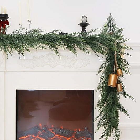 9FT Christmas Cedar Garland Full Real Touch Artificial Green Faux Cypress Realistic Pine Garland for Mantle Fireplace Table Home Decoraiton