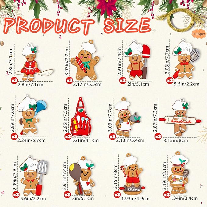 36pcs Gingerbread Christmas Decoration for Tree - Cooking Gingerbread Man Ornaments Christmas Hanging Decor for Christmas Tree Home Kitchen Decor Party Supplies