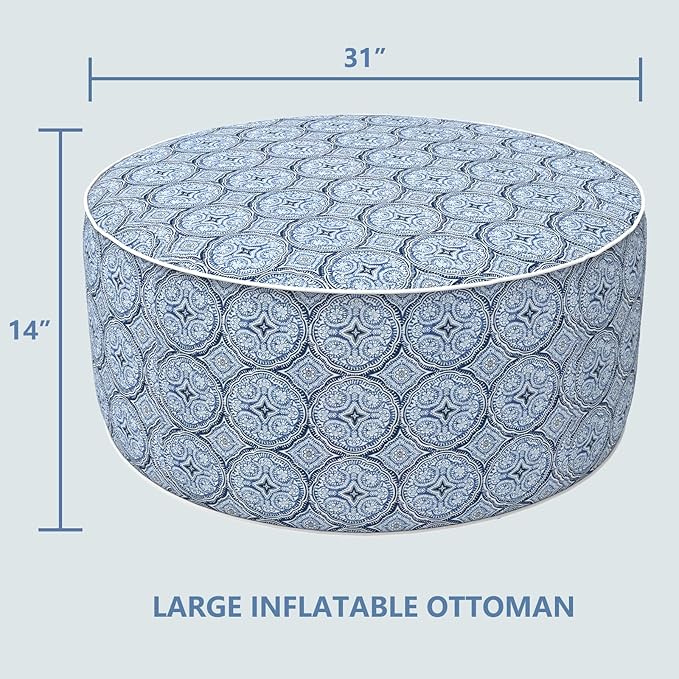 LVTXIII Outdoor Inflatable Ottoman, Fade-Resistant Round Footrest Stool D31”x H14”, Portable Patio Pouf for Garden Camping or Home Use, Medallion Blue