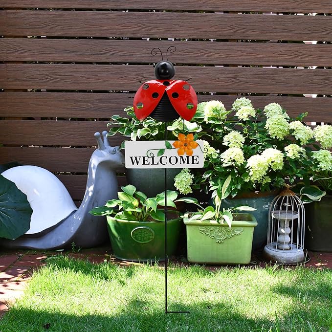 Veclotch 30"" H Metal Ladybug Garden Stake,Rustic Ladybird Decorative Yard Stakes Metal Yard Art Bug Ornaments Welcome Outdoor Spring Garden Stake for Patio Lawn Porch Pathway Decor