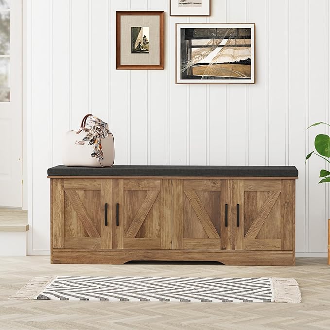 2-Tier Storage Bench, Shoe Bench with Padded Seat Cushion, Entryway Bench with 4 Barn Doors, Adjustable Shelf, 13.8" D x 47.2" W x 17.7" H, for Entryway, Living Room, Bedroom, Rustic Walnut