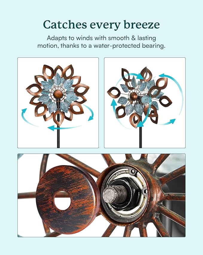 Copper Wind Spinners Outdoor 74 Inches with Solar LED Light, Kinetic Dual Wind Sculptures & Spinners for Yard Lawn Garden Decor, Large Metal Clearance Windmill with Bronze Leaf