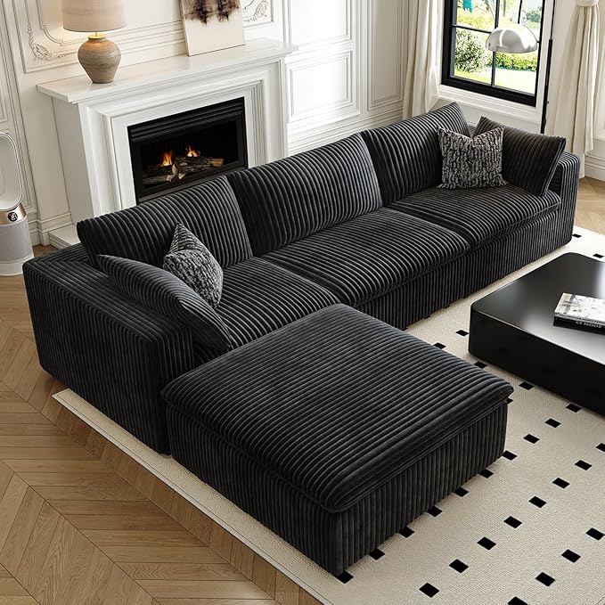118" Cloud Couch Modular Sectional Sofa for Living Room,Modern Sofa with Deep Seat，L-Shape Boneless Couch with Ottoman,Comfy Upholstered Corduroy Couches for Apartment, Studio, Office,Bedroom，Black