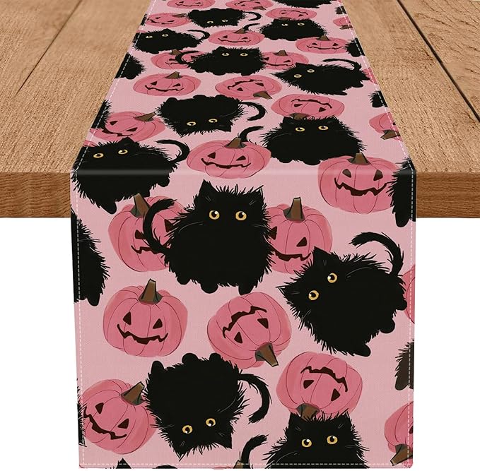 Halloween Table Runner Black Cat Pink Pumpkins Seasonal Kitchen Dining Table Home Outdoor Party Decorations 13x108 Inch