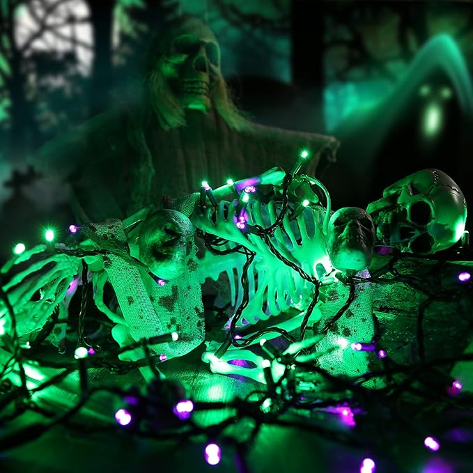 Brizled Purple & Green Halloween Lights, 33ft 100 LED Halloween String Lights 5mm Wide Angle String Lights, 120V UL Certified Connectable Halloween Lights Outdoor for Party Halloween Decor, Black Wire