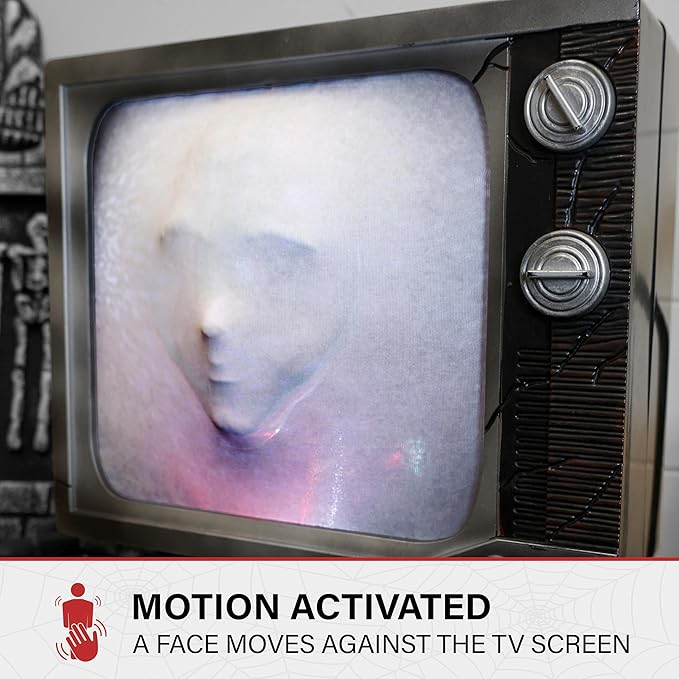 Haunted Hill Farm Haunted TV by Tekky, Battery-Operated, Motion Activated Animatronic Television with Sound Effects and Lights for Indoor or Covered Outdoor Creepy Halloween Decoration, 11" Haunted Tv