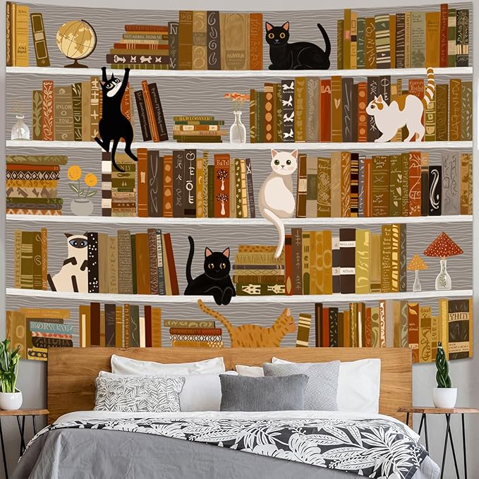 Accnicc Cat Bookshelf Tapestry Extra Large Black White Cute Cats Book Shelf Tapestries Wall Hanging Art Vintage Retro Academics Library Tapestry for Bedroom Living Room Dorm 90 x 68 inch