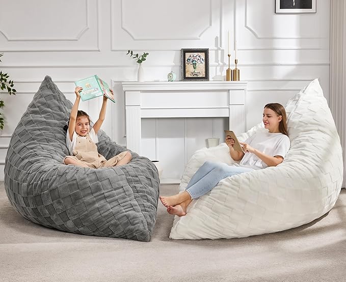 Hobestluk 3 in 1 Bean Bag Chair Giant Bean Bag Chairs for Adults with Plaid Cover Convertible Bean Bag Floor Cushion with Machine Washable Cover for Living Room (Plaid Grey)