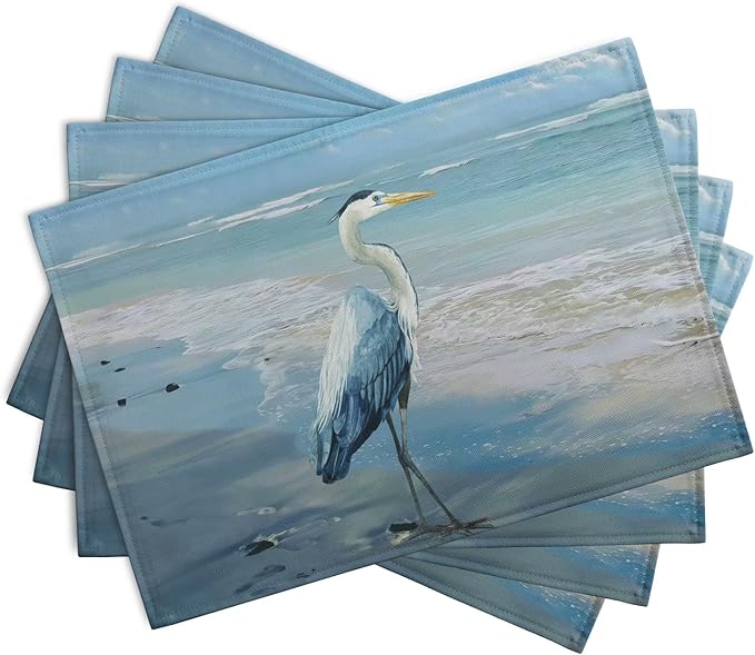 Blue Heron Placemats Set of 4 Summer Coastal Beach Pelican Placement Mats for Dining Table Nautical Ocean Bird Pattern Washable Non-Slip Heat-Resistant Linen Place Mats