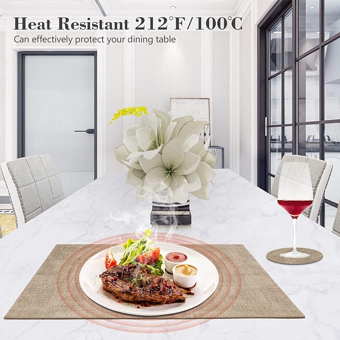 Faux Leather Placemats Set of 6,Heat Resistant Placemats for Dining Table, Easy Clean Non-Slip Place Mats, Waterproof Stain Resistant Wipeable Washable PU Table Mats, (Light Brown)