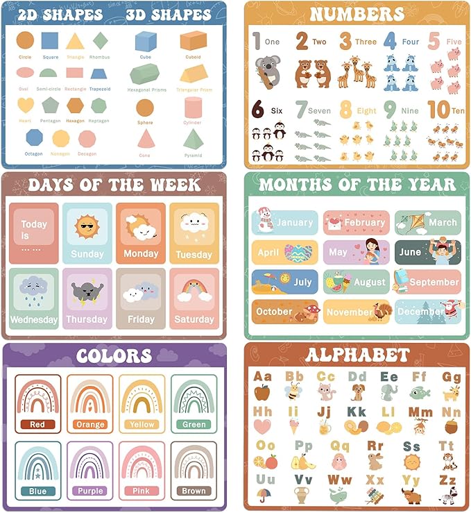 Educational Preschool Placemats for Kids Set of 6 Boho Toddler Plastic Placemat Reusable Washable Children Montessori Eat Table Mat for Homeschool Nursery Kindergarten Classroom Dining Table