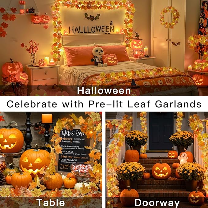 suddus Fall Leaves Garland with Lights, 20LED Battery Operated Fall Lights with Timer, Fall Decoration for Home, Table, Mantle, Office, Outdoor, Autumn, Halloween, Yellow