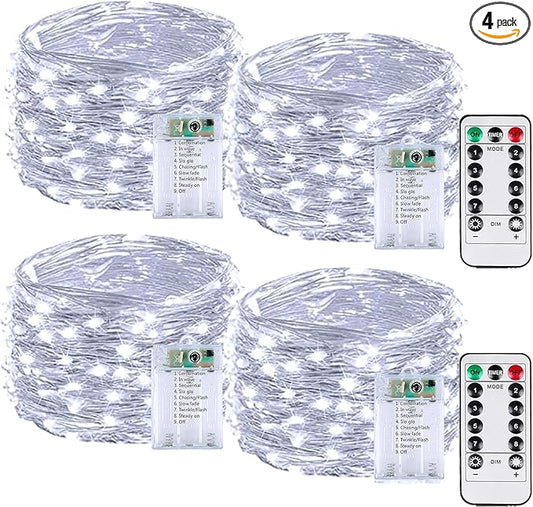 4 Pack 60LED Battery Operated Fairy Lights with Remote, 8 Modes LED String Lights with Timer, Dimmable, Memory Function, Waterproof Twinkle Fairy Lights for Outdoor Indoor Christmas Decor(Cool White)