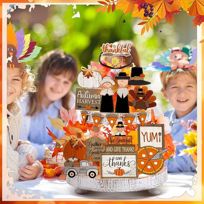 21 Pcs Fall Tiered Tray Decoration Set Thanksgiving Table Sign Pumpkins Farmhouse Decor Gnome Maple Leaves Centerpieces Harvest Wood Blocks Signs Fall Block Tabletop for Autumn(Fresh)