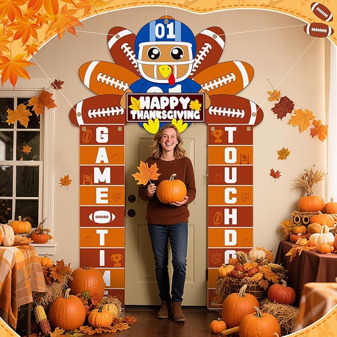 Thanksgiving Football Turkey Party Porch Banner Turkey Door Banner for Thanksgiving Decorations Hanging Porch Sign for Football Party Supplies Photo Backdrop Indoor Outdoor Wall Front Door Cover