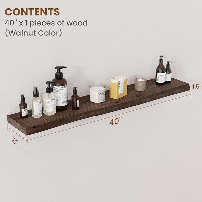 Floating Shelves for Wall Decor, Rustic Solid Elm Wood Live Edge Floating Shelves Wall Mounted, Wall Shelves with Invisible Bracket for Living Room Bathroom Bedroom Kitchen, 40 Inch Set of 1, Walnut