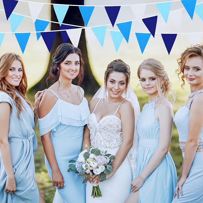 MARFOREVER 30 Pcs Royal Blue White Pennant Banner Flags, Blue Party Decorations Fabric Triangle Flag Bunting Garland for Outdoor Garden Birthday Wedding Bridal Baby Shower Nautical Party Supplies