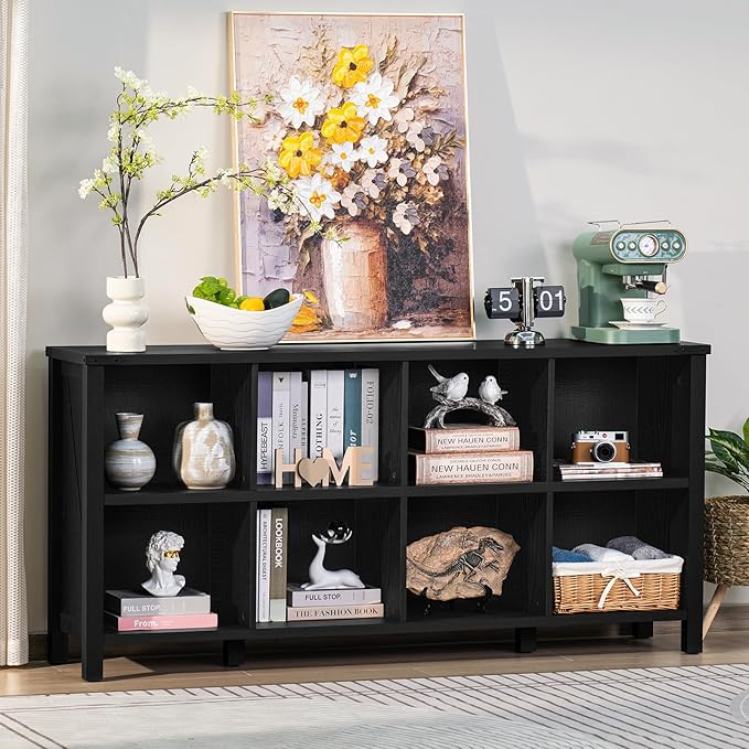 8 Cube Book Shelf, Farmhouse Wood Long Storage Organizer Bookcase, 62" Horizontal Black Console Closet Bookshelf, Hallway TV Stand for Entryway, Display Cabinet Book Case for Living Room