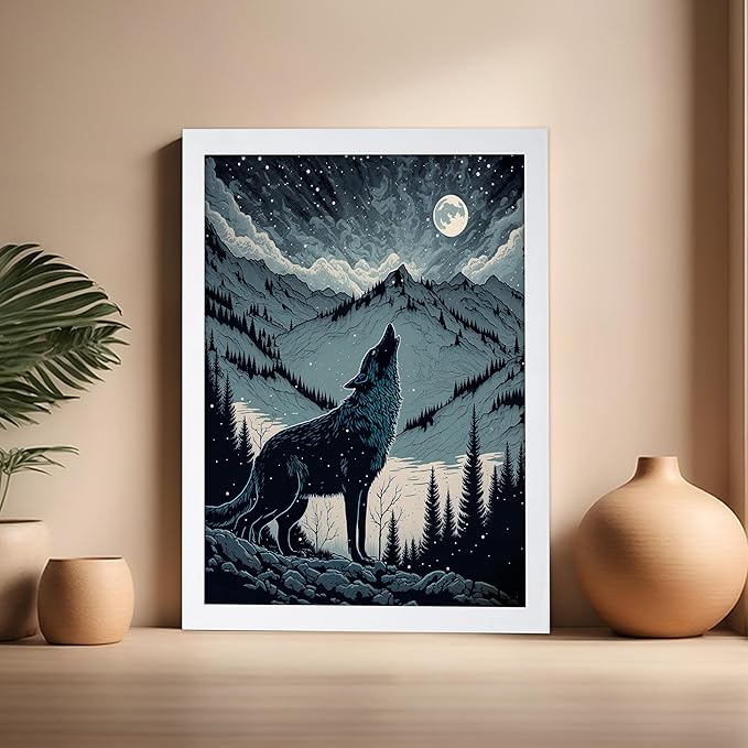 Poster Master Vintage Illustration Poster - Retro Animal Print - Gift for Artist, Friend - Wolf Howling at the Moon, Mountain, Snow, Landscape - Wall Decor for Home, Office, 16x20 White Framed