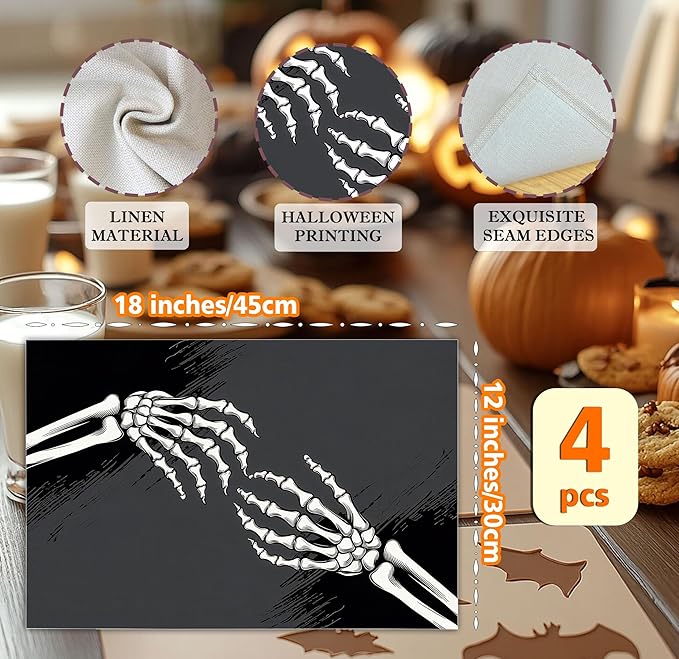 Halloween Skeleton Placemats Set of 4, 12x18 Inch Skeleton Decorative Table Mats, Washable Heat Resistant Place Mats for Kitchen Dining Table, Spooky Themed Decoration for Home-B13