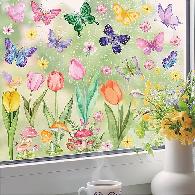 83 PCS Summer Window Clings Spring Flower Window Stickers Decorations for Glass Windows, Easter Tulip Butterfly Flower Window Decals
