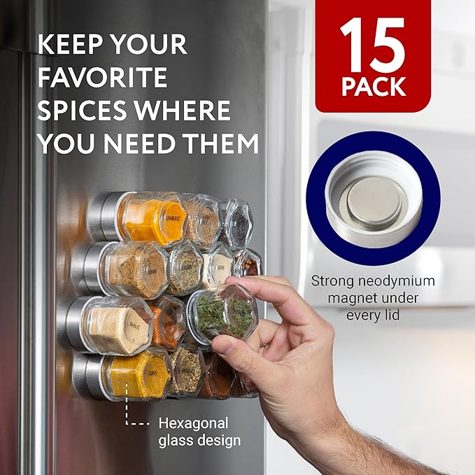 IMPRESA Hexagon Magnetic Spice Jars - 15 Pack 1.74 oz Glass Jars With Stainless Steel Lids - Airtight Magnetic Seasoning Containers & Space-Saving Honeycomb Fridge Magnets - 60 Preprinted Labels