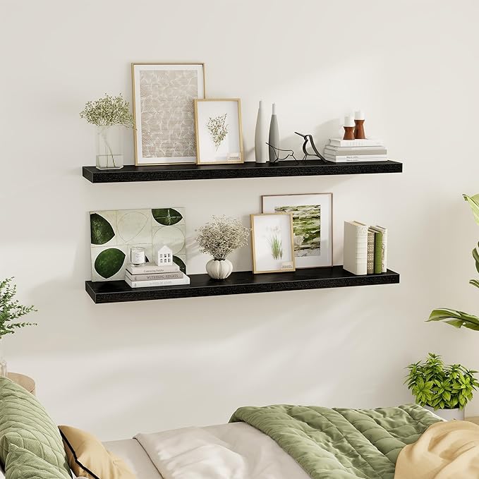 Fun Memories 55 Inch Floating Shelves for Wall 2 Pack Shelves for Bedroom|Kitchen|Bathroom 55 x 9.3 Inch Wood Floating Shelf with Invisible Brackets for Books|Storage|Decor, Black