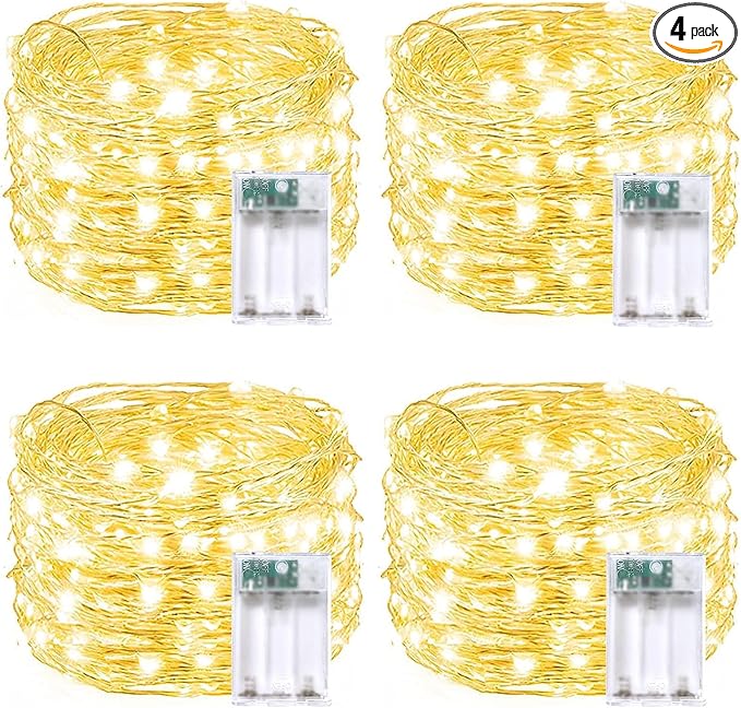 4 Pack 60 LED Fairy Lights Battery Operated with Timer, 20FT Waterproof Twinkle Lights Indoor Outdoor, Cuttable String Lights for Bedroom, Wedding, DIY, Centerpiece, Christmas Decorations (Warm White)