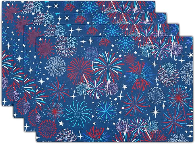 4th of July Placemats Set of 4 Patriotic Red and Blue Fireworks Washable Non-Slip Heat Resistant Place Mats 12x18 Inch Memorial Day Independence Day Table Mats