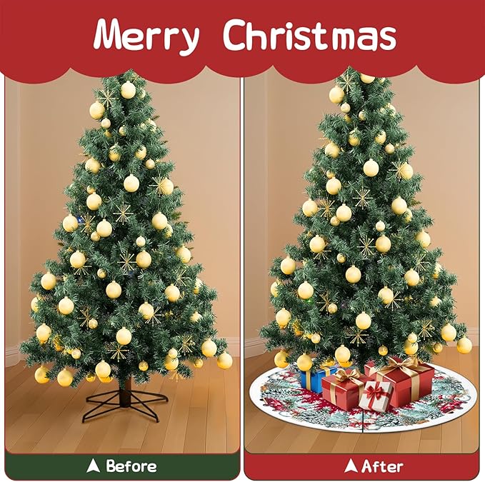 Christmas Tree Skirt 48 Inch, Red Snowman Trucker Xmas Tree Skirts, Winter Christmas Trees Mat for Home Party Holiday Indoor Outdoor Decorations