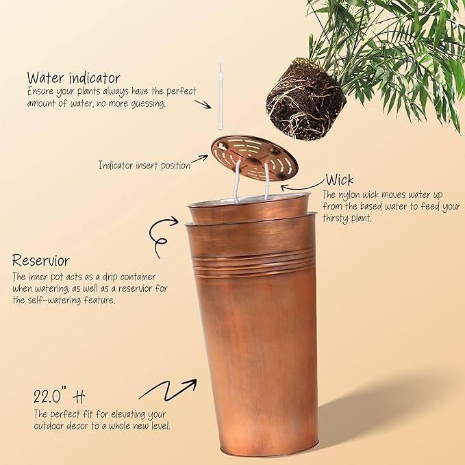 KOL 22''H 2-Pack Planter with Water Level Indicator - Galvanized Steel Pot - Self Watering Planters Flower Pot for Plant - Inner Pot Design - Round Metal Planter Box - Indoor Outdoor Planting - Bronze