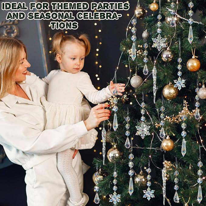 80pcs Christmas Crystal Snowflake Ornaments for Tree - Iridescent Christmas Acrylic Snowflakes Drop Icicle Pendants Hanging Ornaments for Xmas Tree Winter Holiday Frozen Wedding Party Decorations