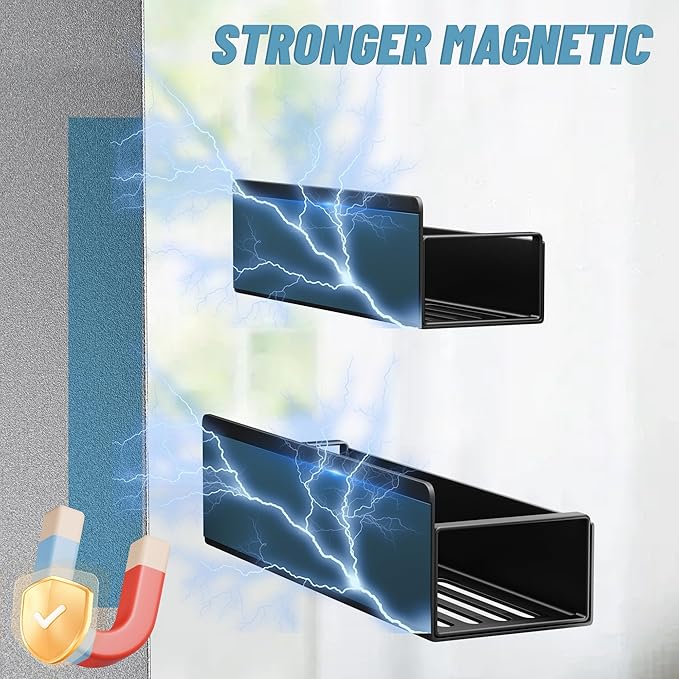 4 Pack Magnetic Spice Rack for Refrigerator, Black Magnetic Shelf for Kitchen Organizer and Storage, Mini Organizers for Oven and Fridge with 4 Hooks