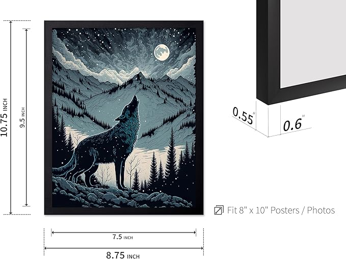Poster Master Vintage Illustration Poster - Retro Animal Print - Gift for Artist, Friend - Wolf Howling at the Moon, Mountain, Snow, Landscape - Wall Decor for Home, Office, 8x10 Black Framed