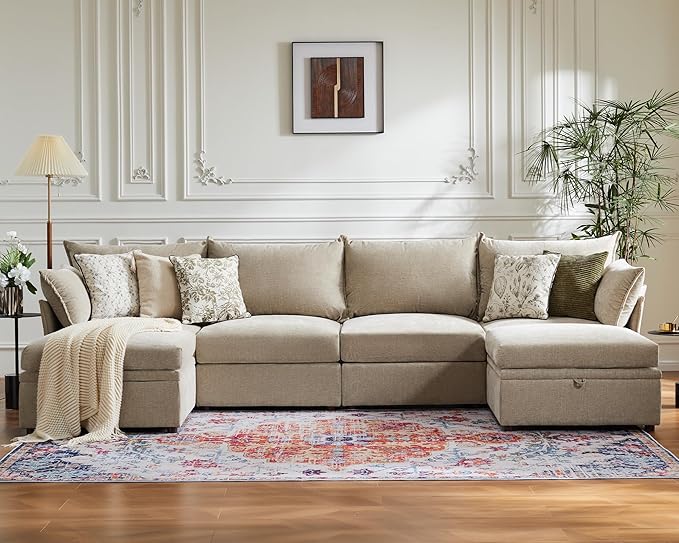 134.6" Oversized Modular Sectional Sofa, 6 Seater U Shaped Couch with Storage Ottoman with Reversible Chaise Deep Seat for Living Room, Apartment - Chenille Beige